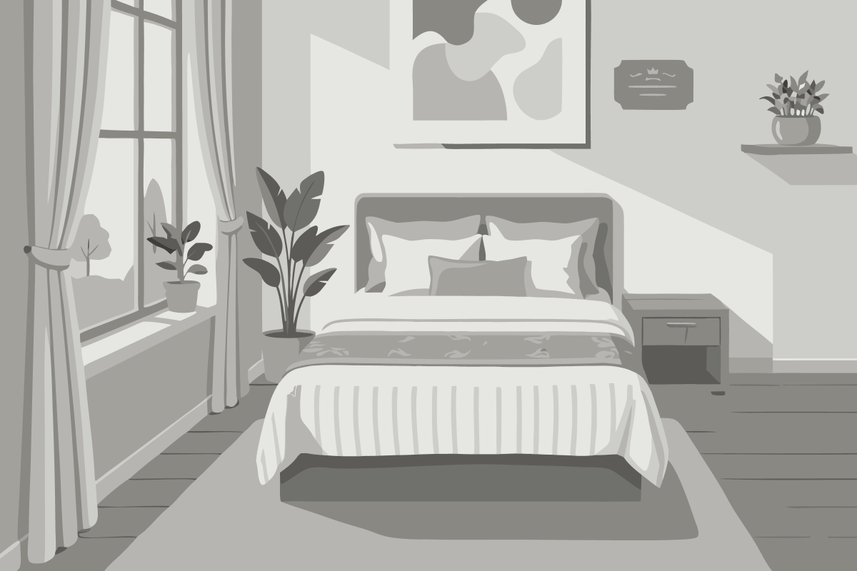 Habitación con cama grande y baño compartido